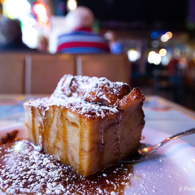 Bread pudding with rum sauce.